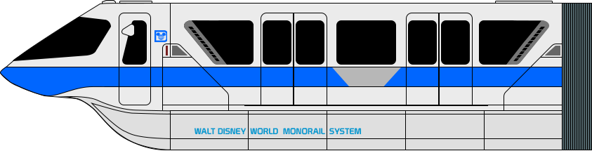A small blue striped monorail cab that's a part of the logo.